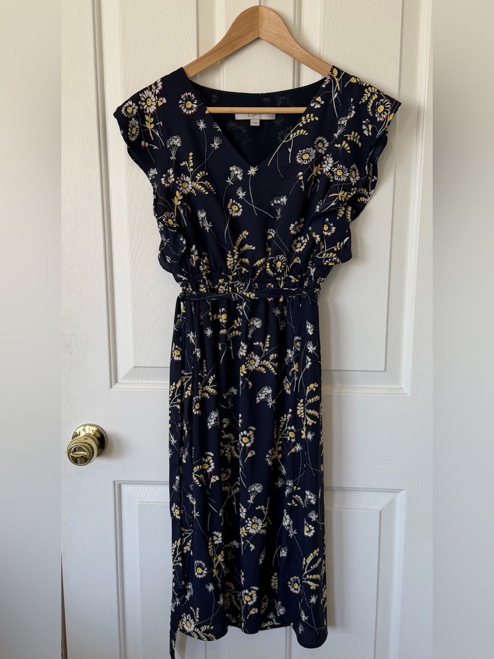 LOFT Navy Floral Maxi Dress with V-Neck & Tie Waist